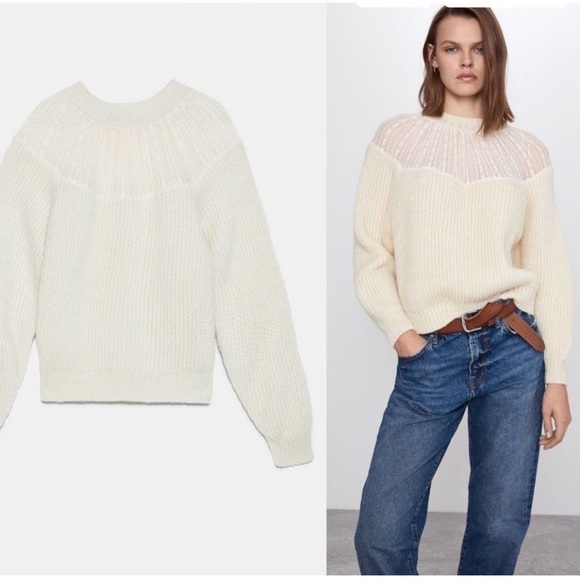 Zara cream chunky ribbed lace detail Alpaca blend crewneck sweater - Picture 12 of 12
